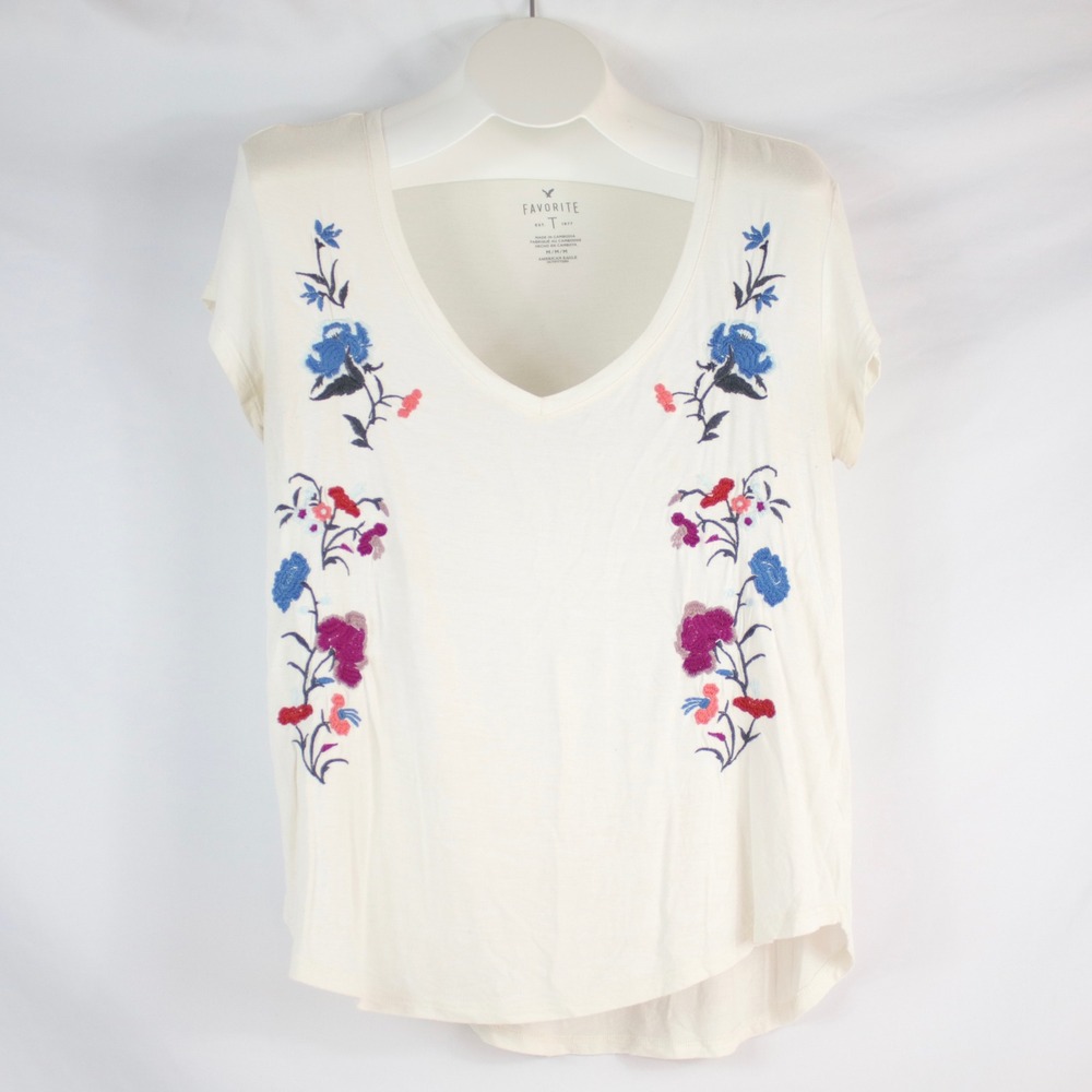 American Eagle Cream Floral Favorite T V-Neck Short Sleeve Shirt Women's Size M